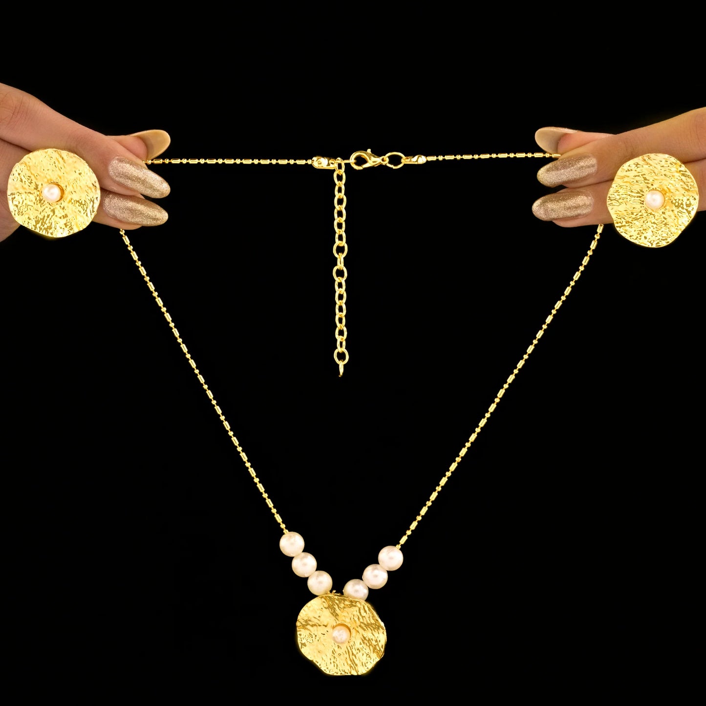AUROZI Anti-Tarnish Hammered Coin & Pearl Necklace Set With Earrings