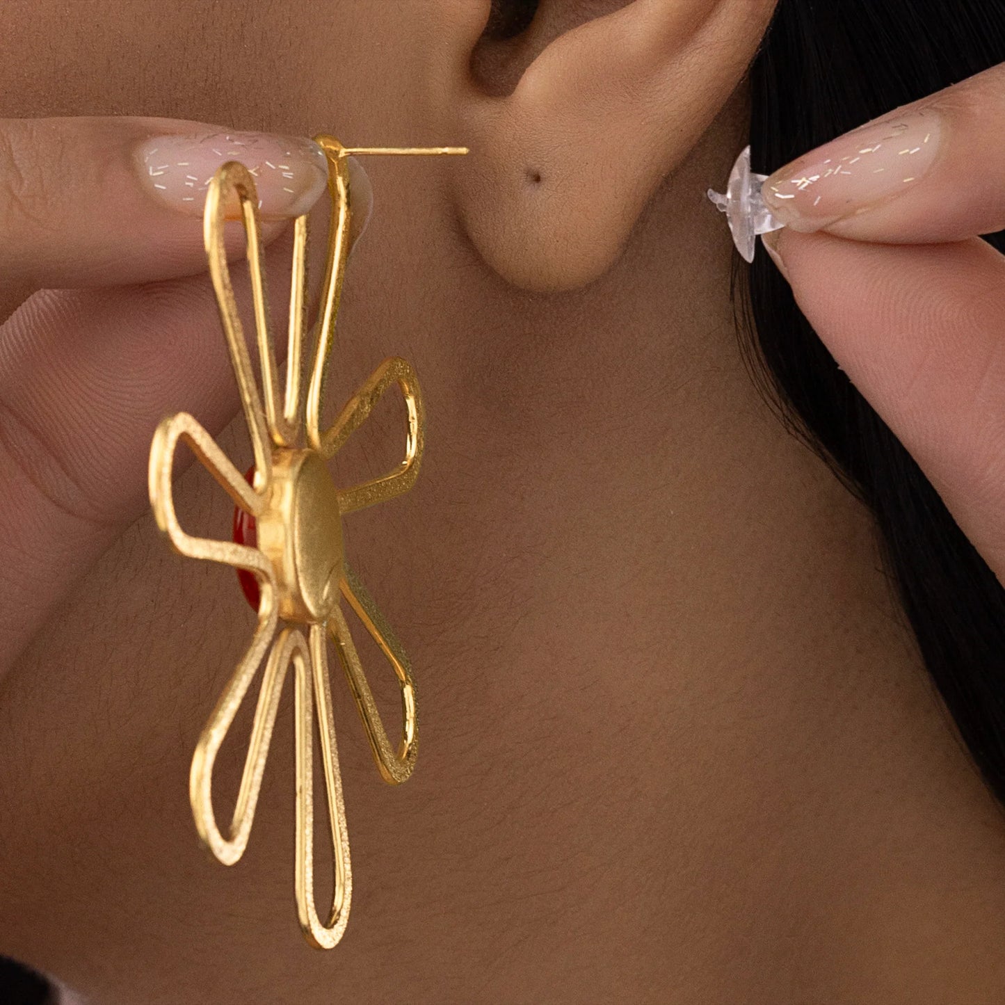 AUROZI Anti-Tarnish Flower Statement Earrings with Red Cabochon