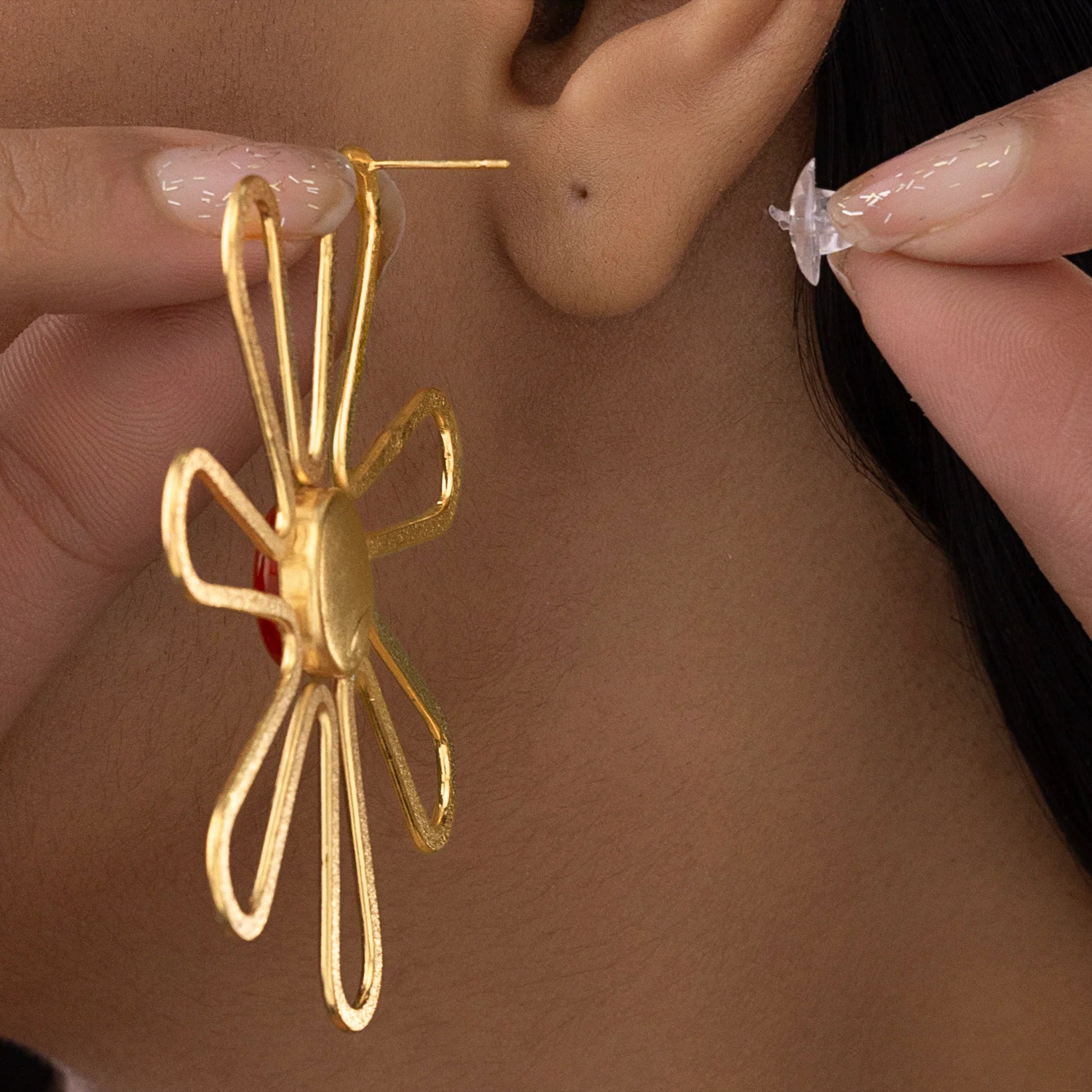 AUROZI Anti-Tarnish Flower Statement Earrings with Red Cabochon