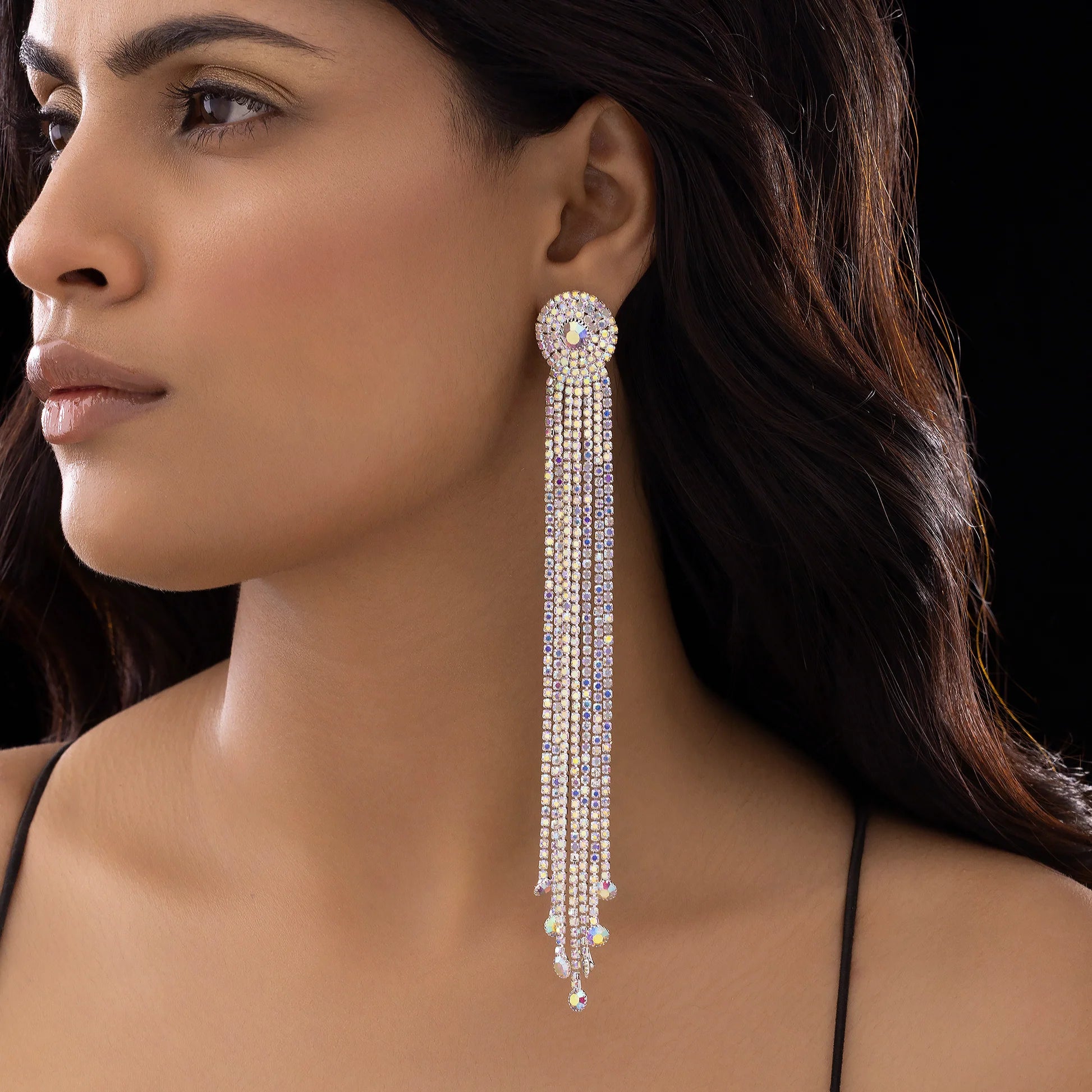 AUROZI Anti-Tarnish Rhinestone Tassel Dangle Earrings with Rainbow Crystals