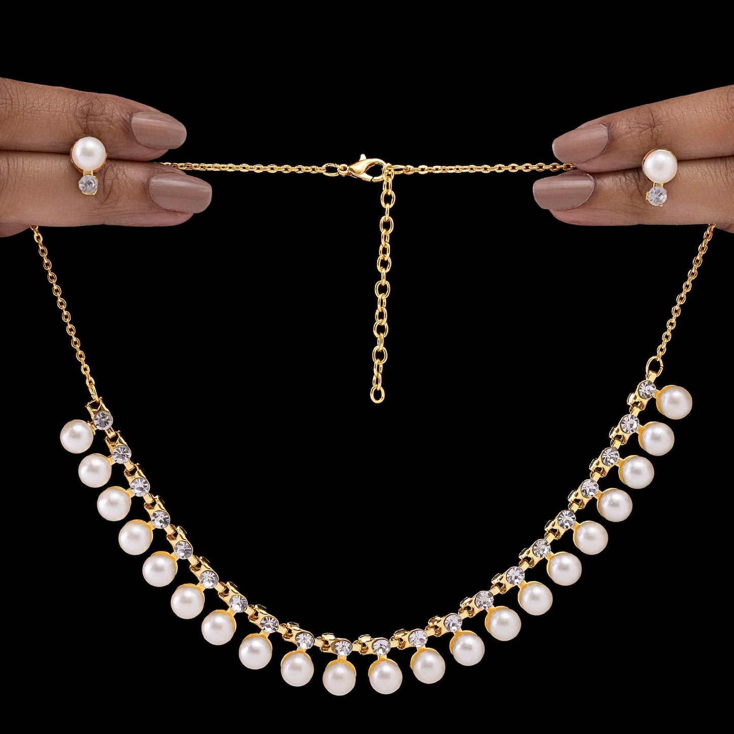 AUROZI Anti-Tarnish Pearl & Crystal Studded Statement Necklace Set With Earrings