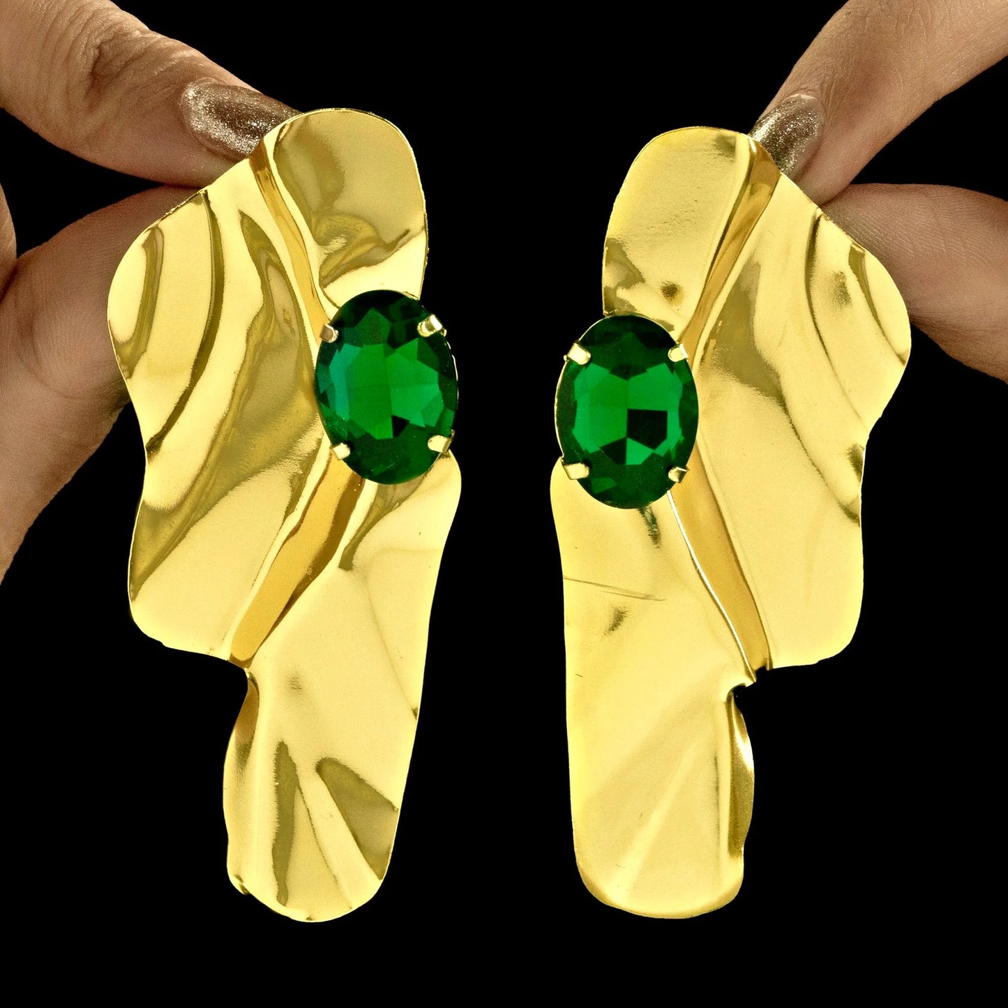 AUROZI Anti-Tarnish Golden Statement Emerald Earrings Set