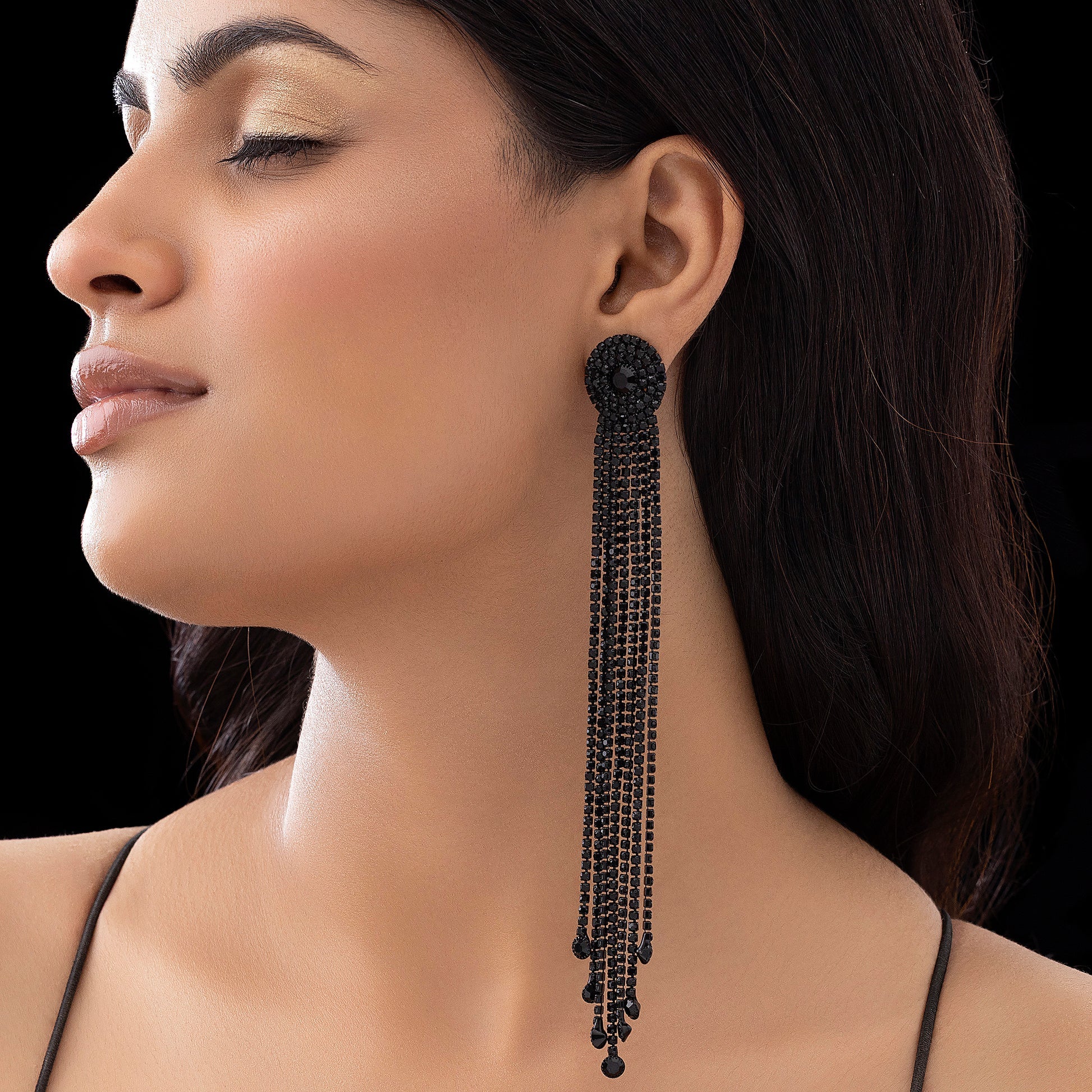 AUROZI Anti-Tarnish Long Rhinestone Tassel Dangle Earrings