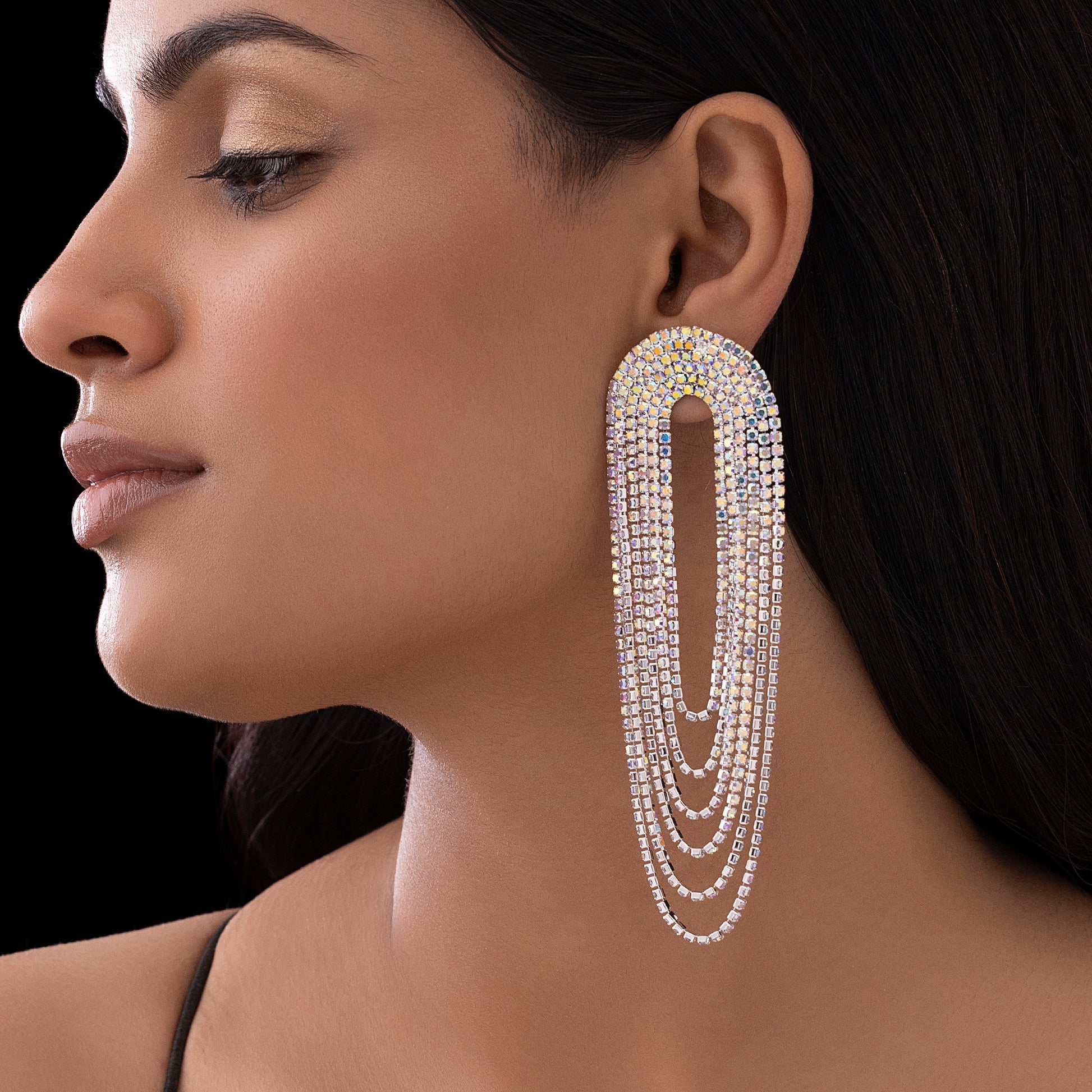 AUROZI Anti-Tarnish Silver U-Shaped Rhinestone Dangle Earrings