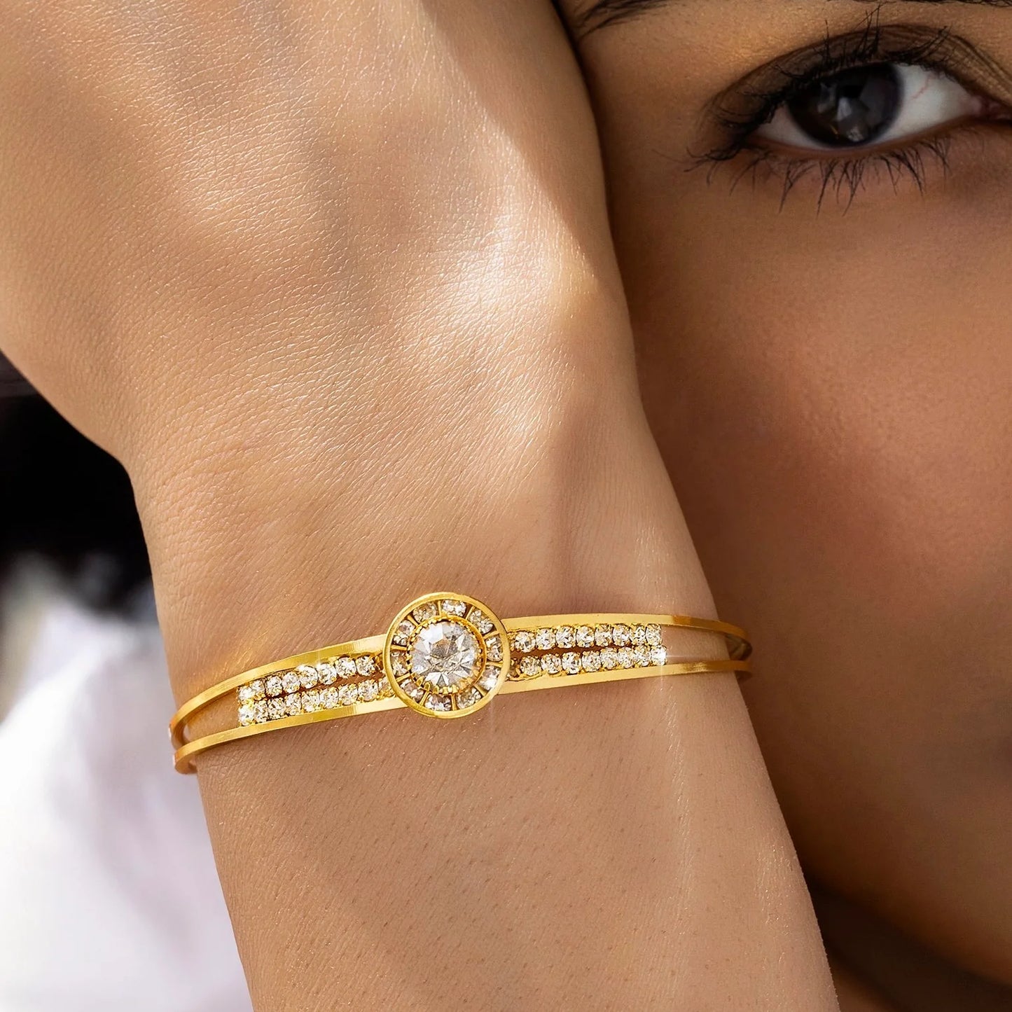 AUROZI Anti-Tarnish Gold Plated Crystals Bangle Bracelet (Adjustable Size)