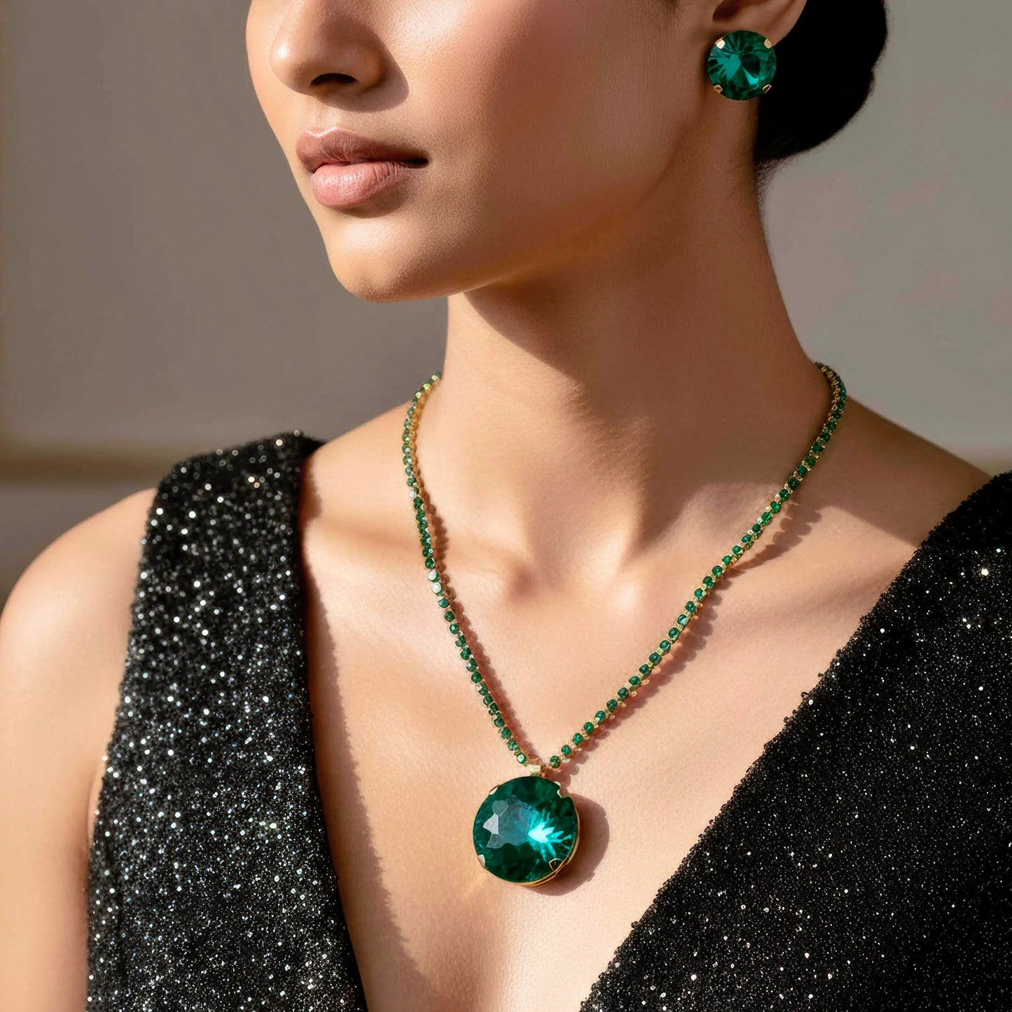 AUROZI Anti-Tarnish Emerald Green Crystal Necklace Set with Earrings