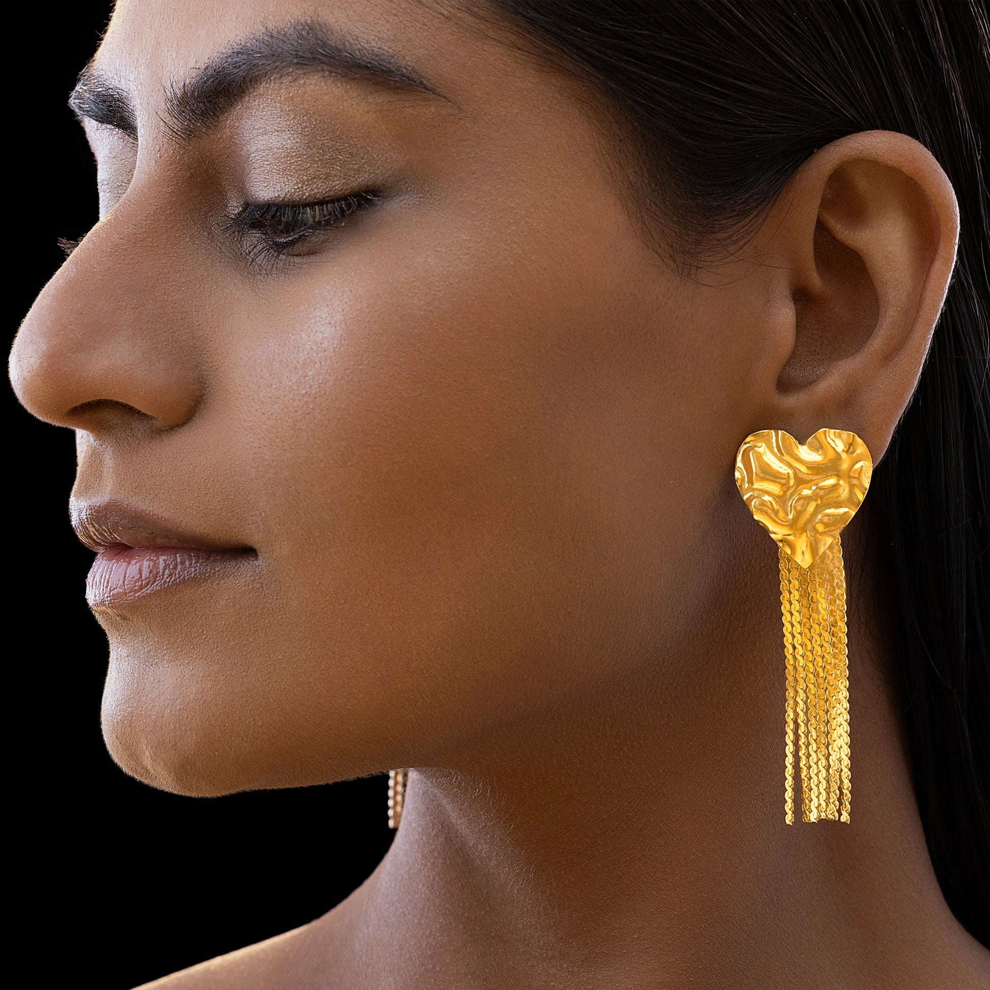 AUROZI Anti-Tarnish Textured Heart Earrings With Chain Tassels