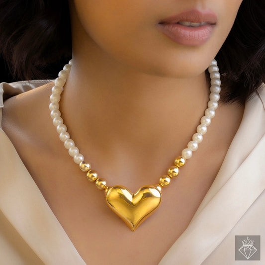 AUROZI Anti-Tarnish Golden Heart Super Saver Pack Of GOLD Plated WAVY Necklace Set With Bracelet & Rings