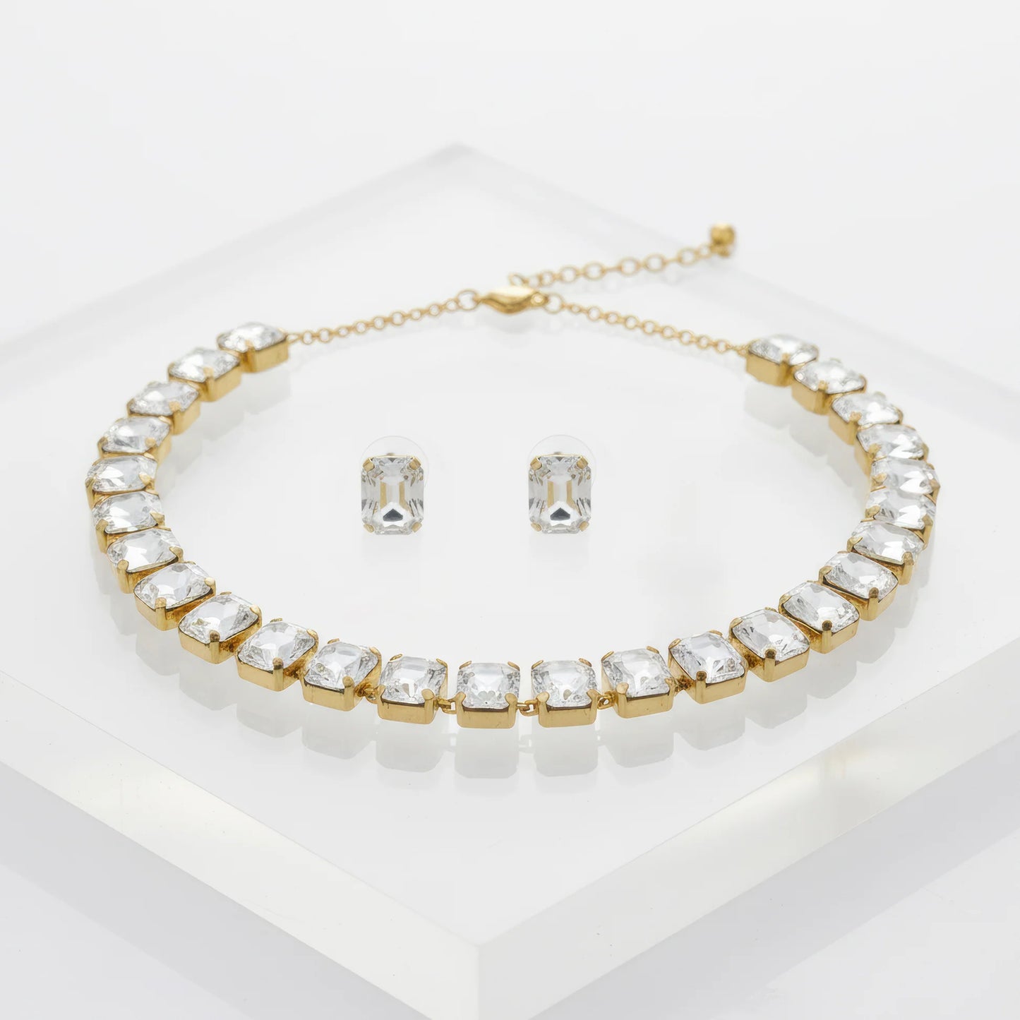 AUROZI Anti-Tarnish Single-Line Crystal Necklace Set with Earrings