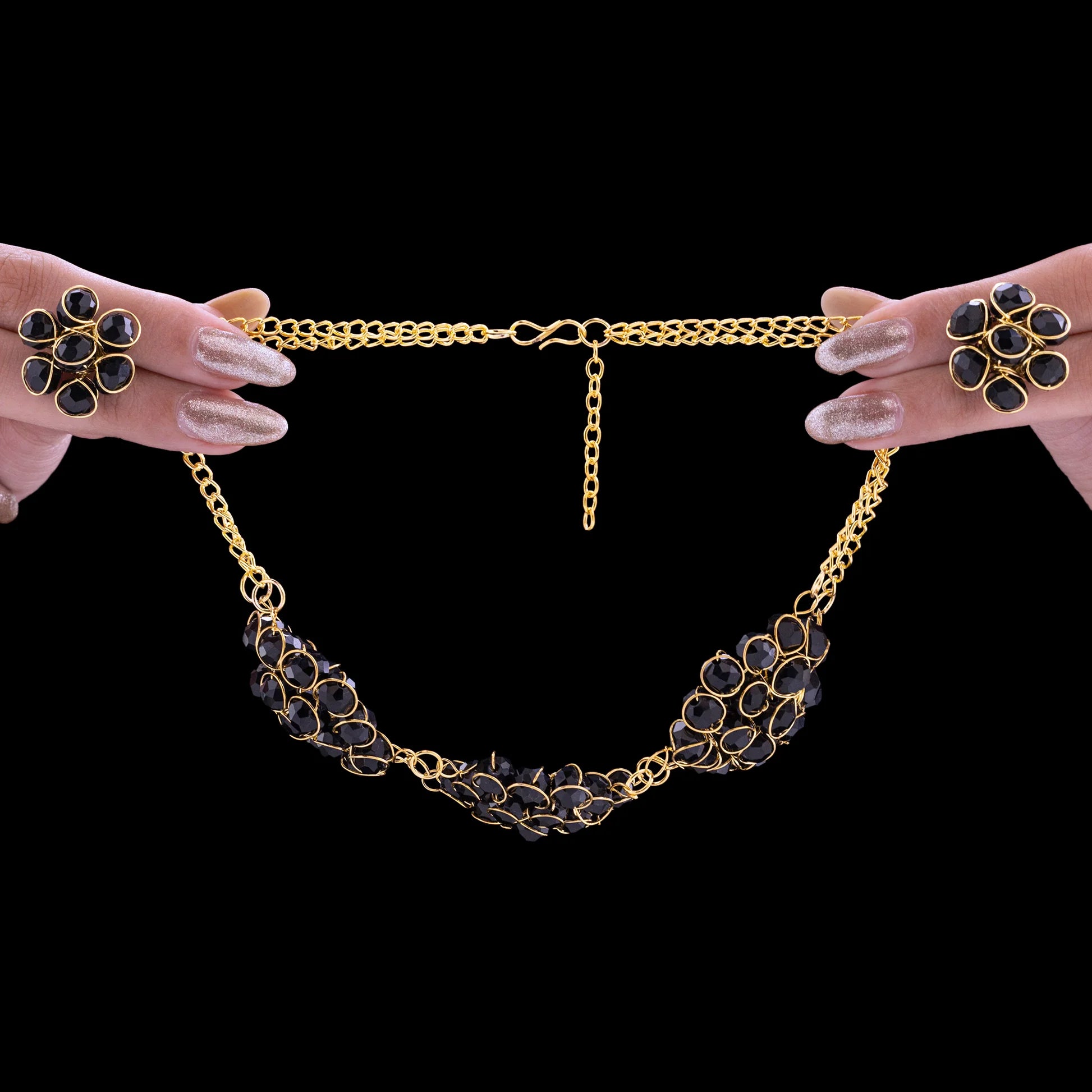 AUROZI Stunning Black Crystal Beads Gold Choker Necklace Set With Earrings