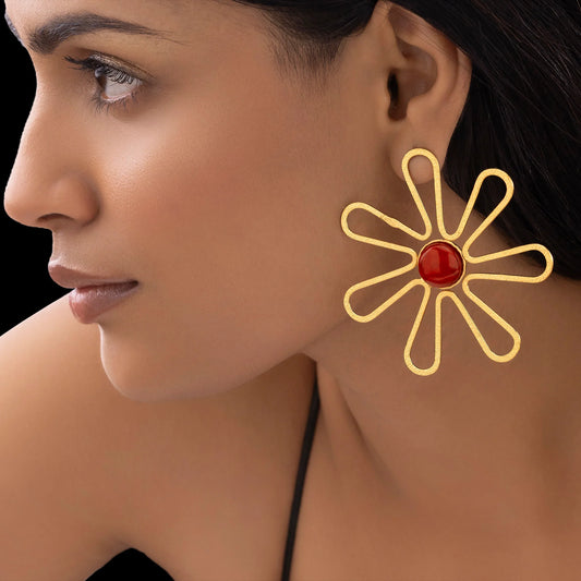 AUROZI Anti-Tarnish Flower Statement Earrings with Red Cabochon