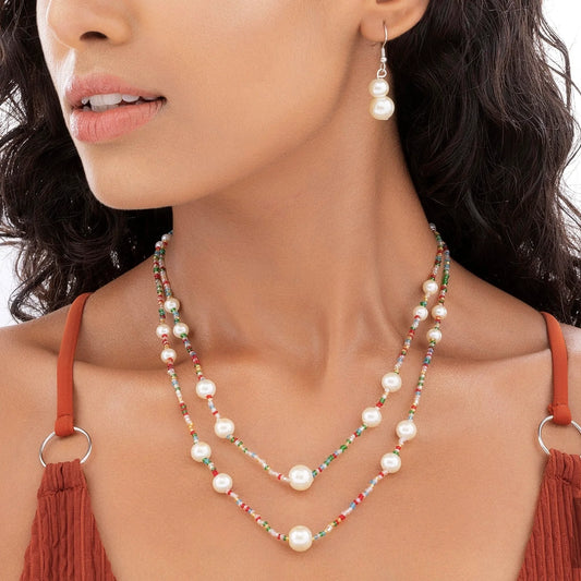 AUROZI Exquisite Double Layer Bead & Pearl Necklace Set With Earrings