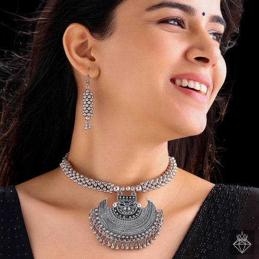 AUROZI Traditional Oxidised Silver Jewelry Set (Necklace & Earrings)