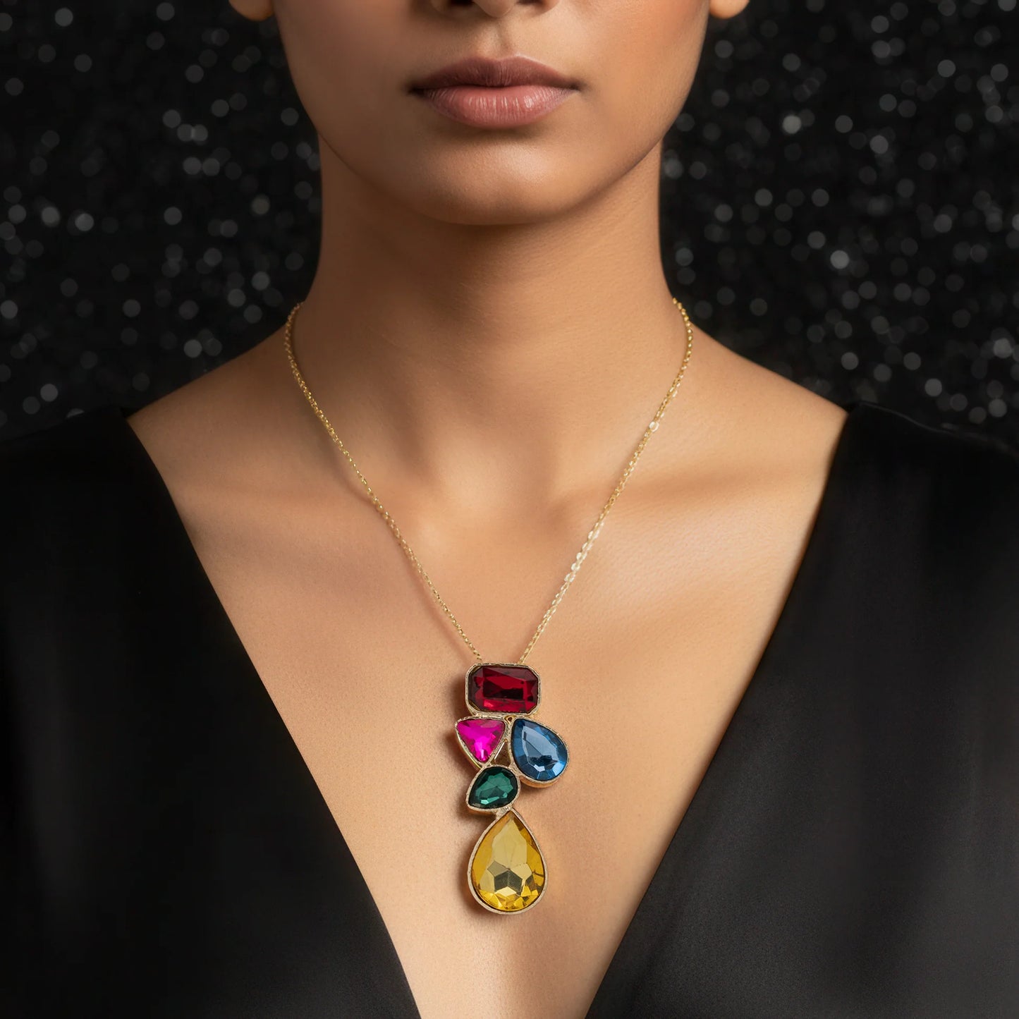 AUROZI Anti-Tarnish Abstract Multi-Color Shapes Long Pendant Necklace