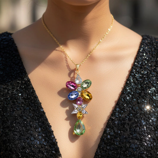AUROZI Anti-Tarnish Multi-Color Flower Design Long Pendant Necklace