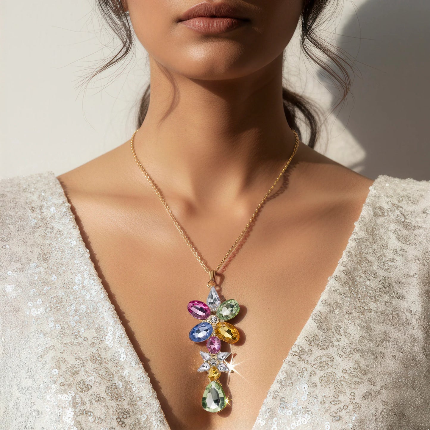 AUROZI Anti-Tarnish Multi-Color Flower Design Long Pendant Necklace