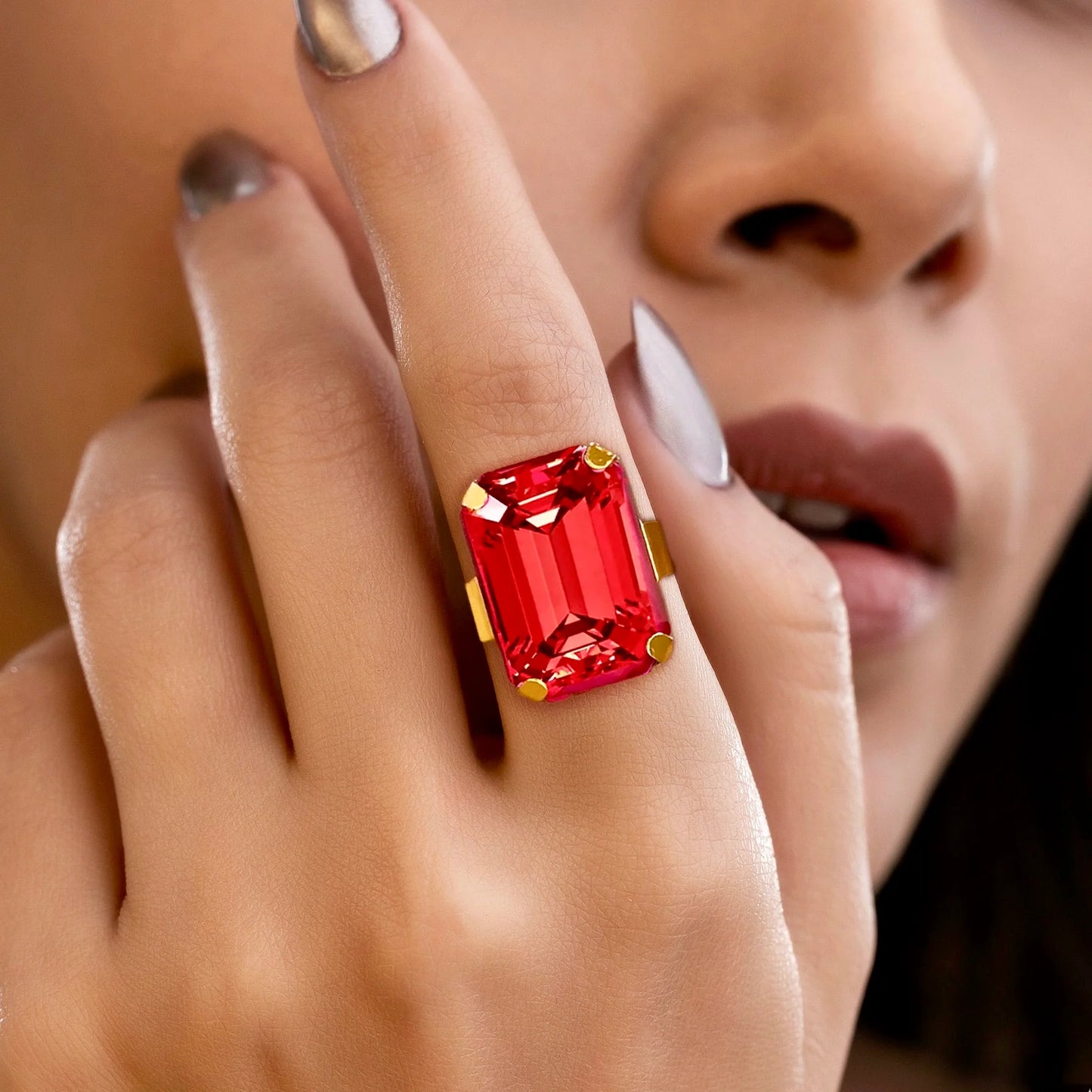 Super Saver Pack Of 8 Anti-Tarnish Premium Quality Multicoloured Crystal Rings By AUROZI (Adjustable Size)